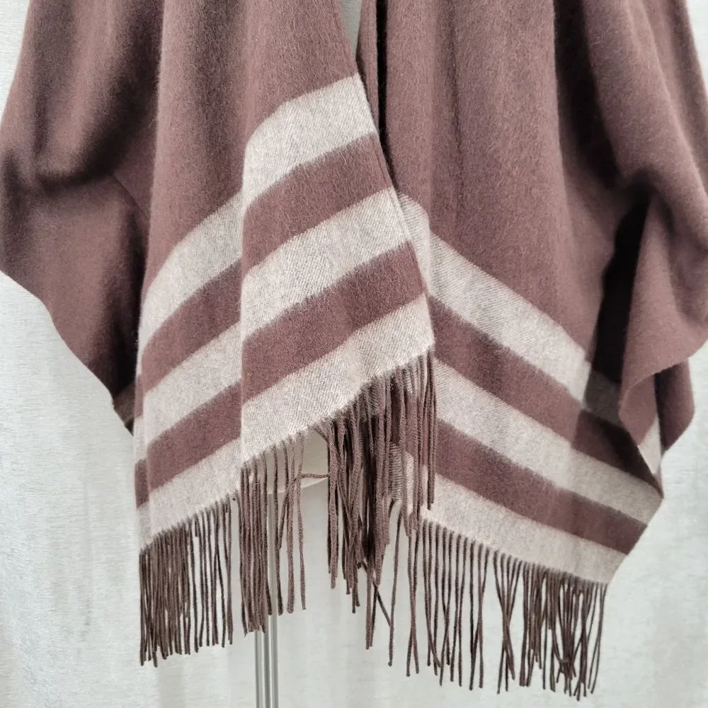 Wool Cashmere Brown Fringe Ruana Poncho with Stripes